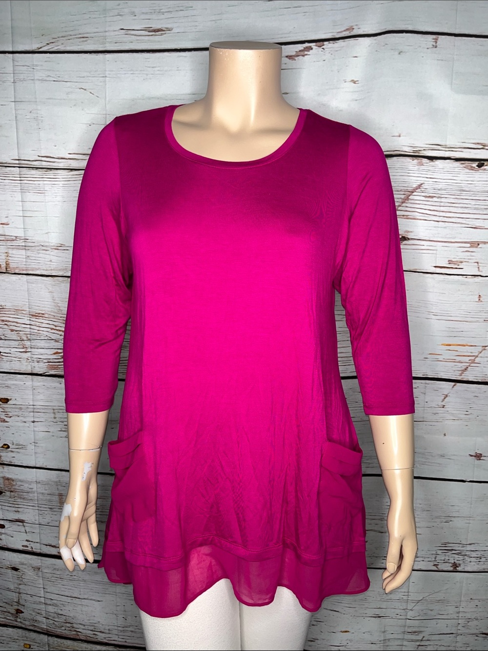 LOGO by Lori Goldstein 1X Fuchsia Pink - Chiffon Trim Rayon Knit Top w/ Pockets